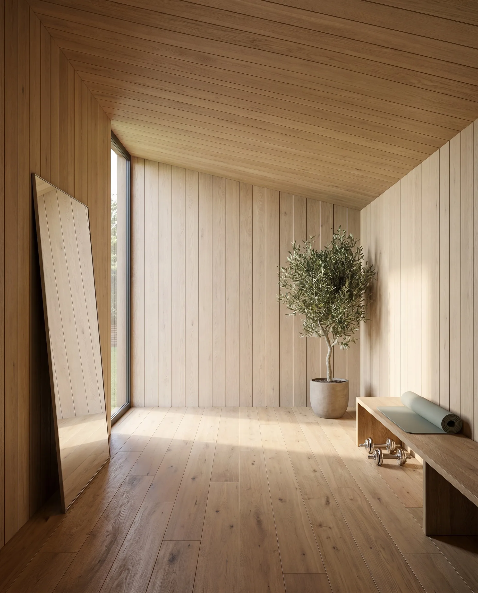 Concept visualization of the NOOK Base fitted as a private recovery studio — leaning mirror, mat rack, single-pitch ceiling
