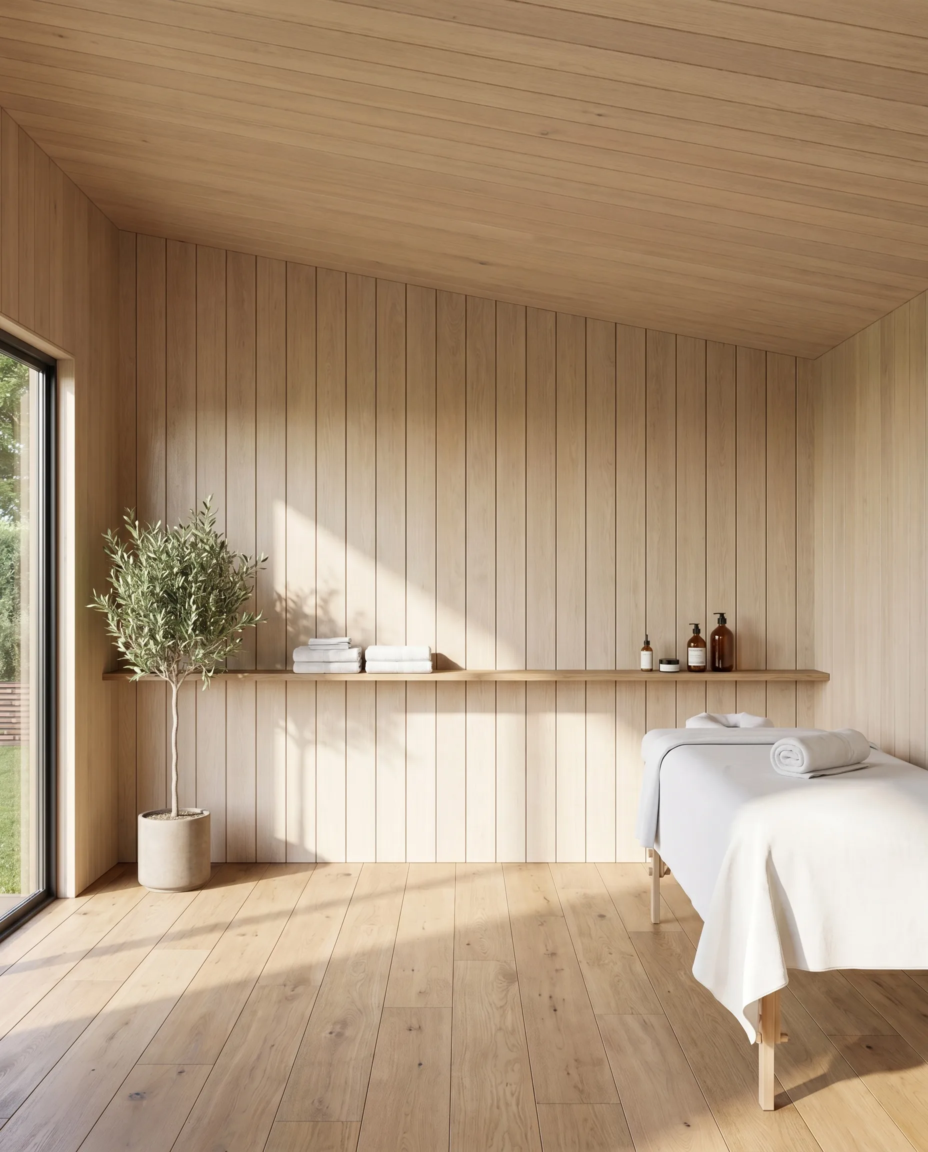 Concept visualization of the NOOK Base fitted as a spa treatment room — massage table, oak panelling, single-pitch ceiling