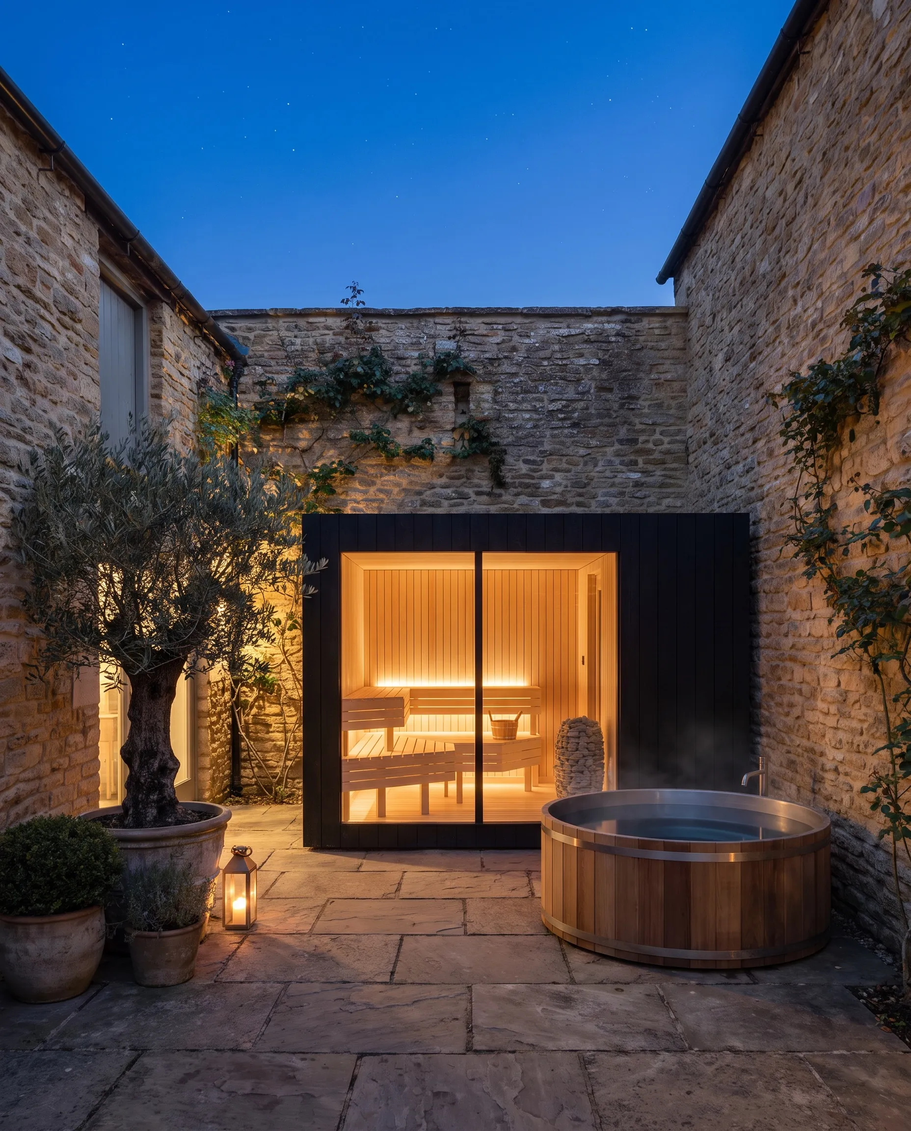 A NOOK Sauna and cedar tub glowing in a walled farm courtyard at night