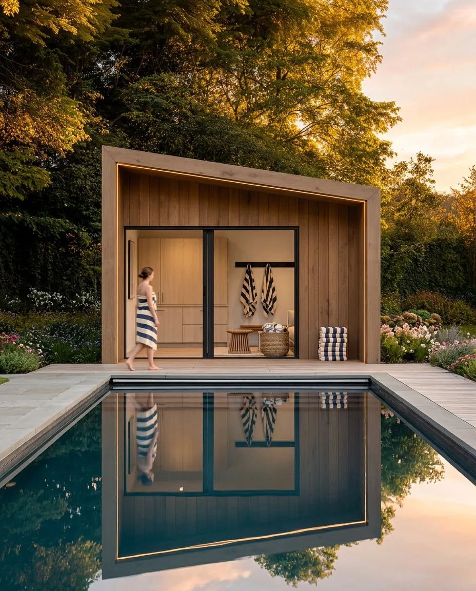 A resort pool terrace at dusk beside the composed wellness ground