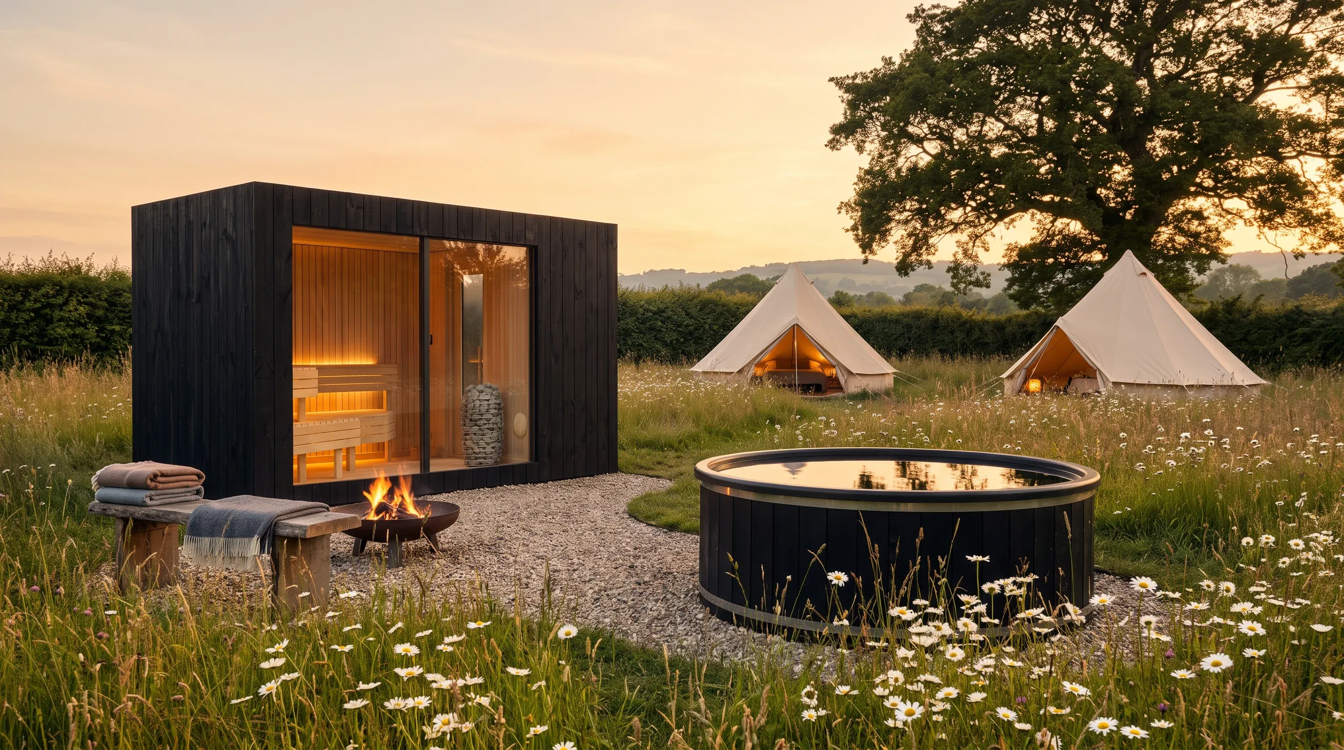 The sauna and plunge among daisies and bell tents in high summer