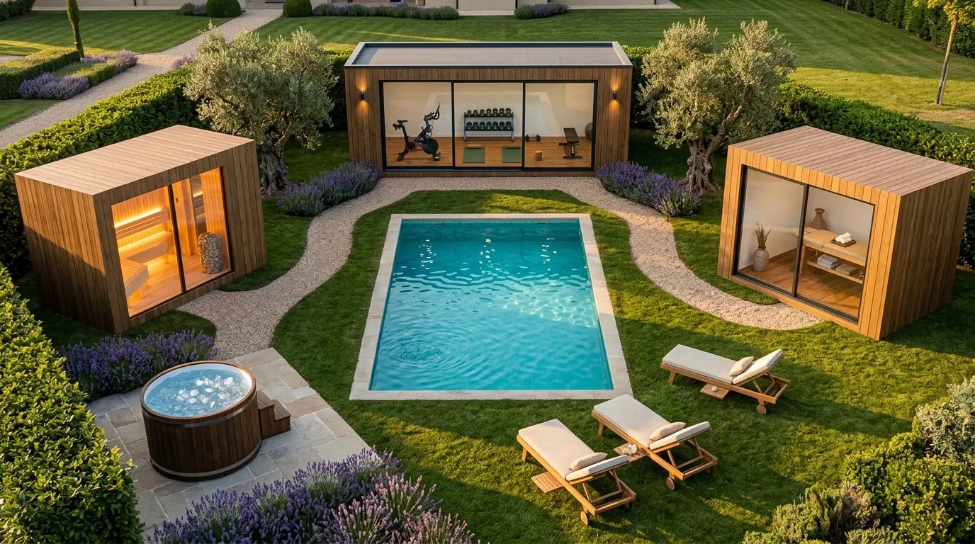 The composed ground the lounge serves — loungers, water and rooms around the pool