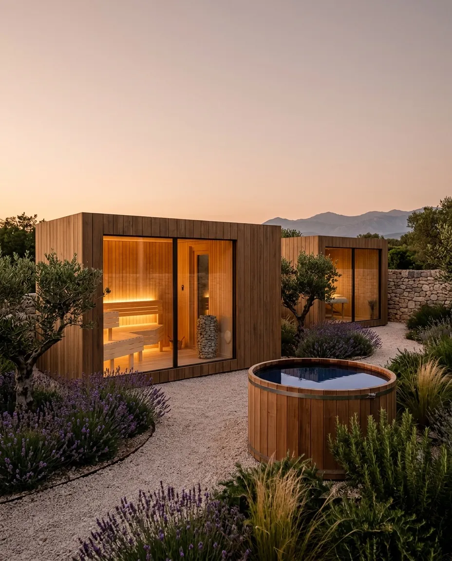 An oak wellness ground at dusk — two glowing rooms and a cedar plunge tub among lavender