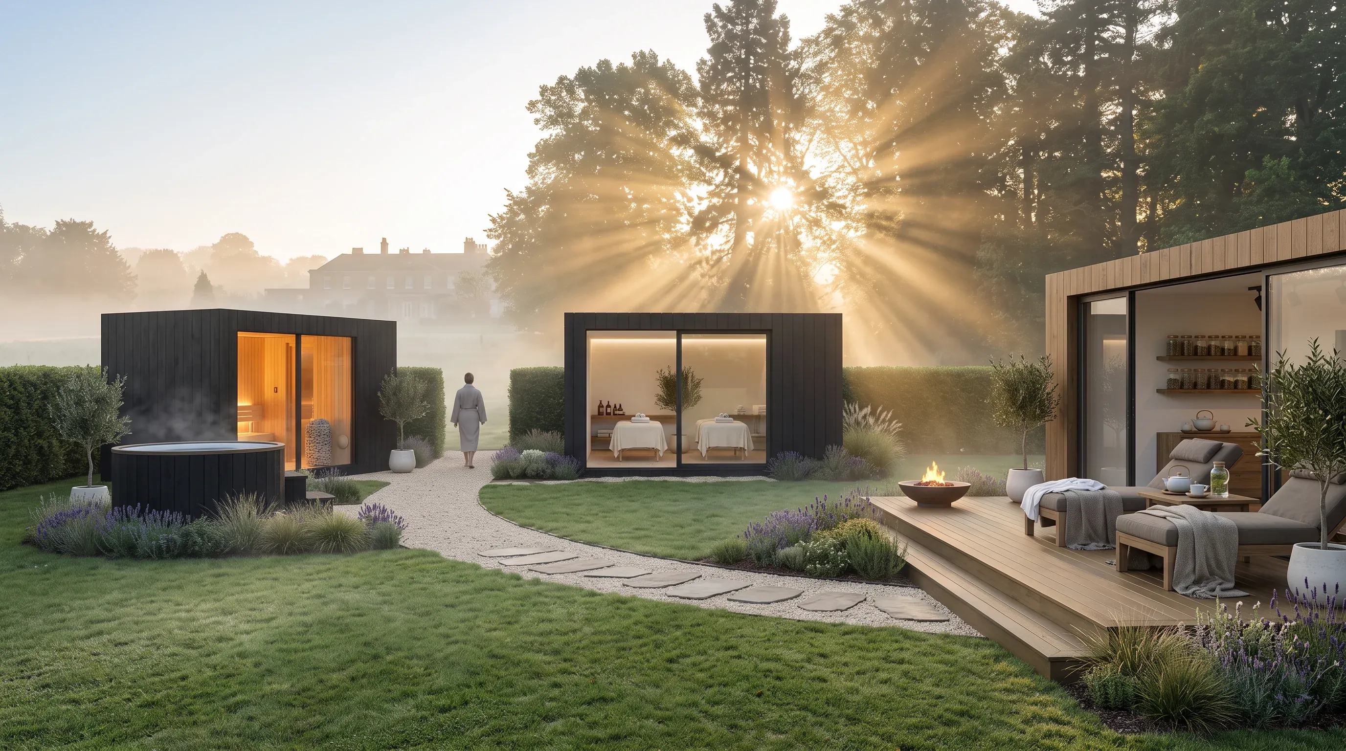 A composed hotel wellness ground at misty sunrise — sauna, treatment cabin and plunge along a gravel path
