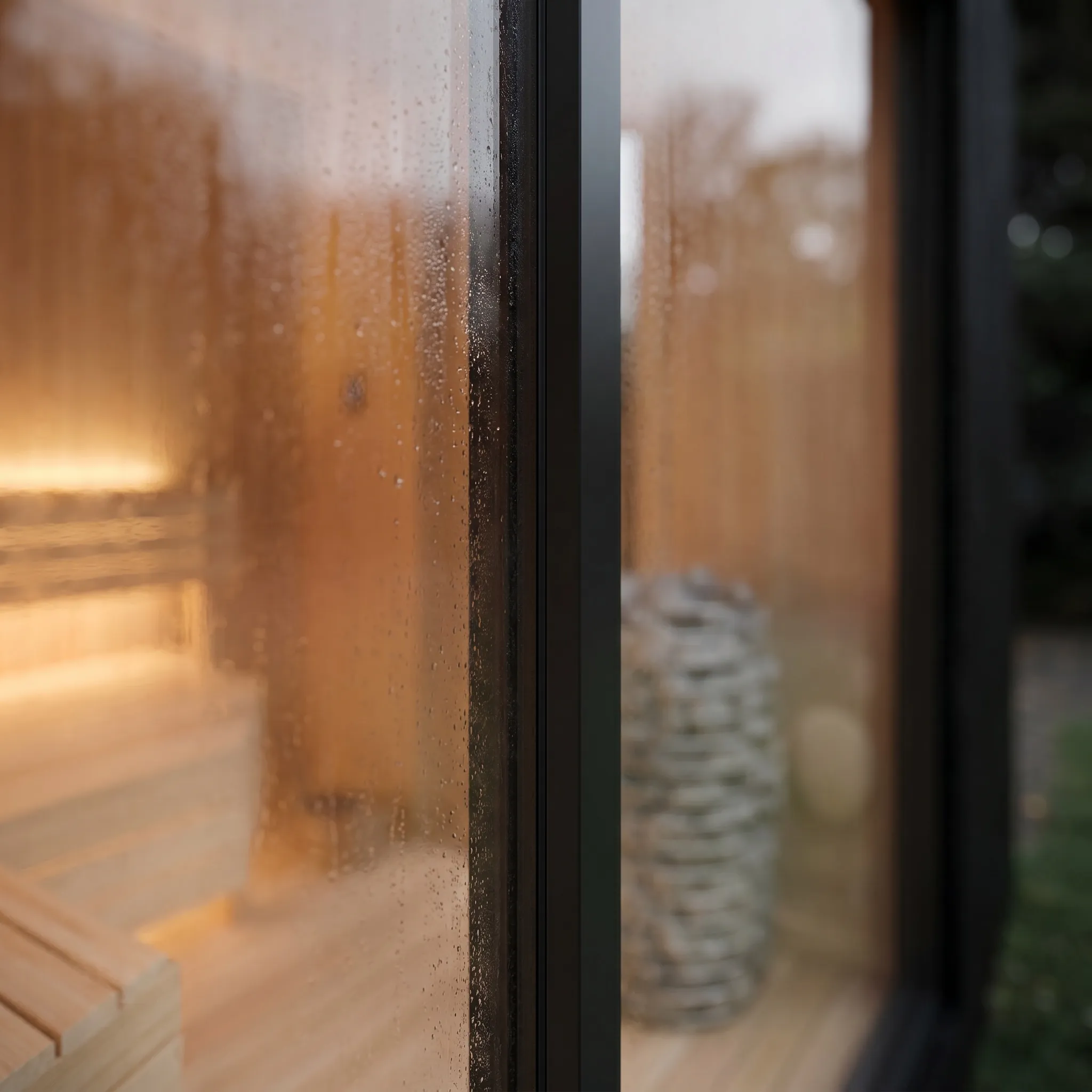 Condensation on the glazed corner of a warmly lit sauna interior