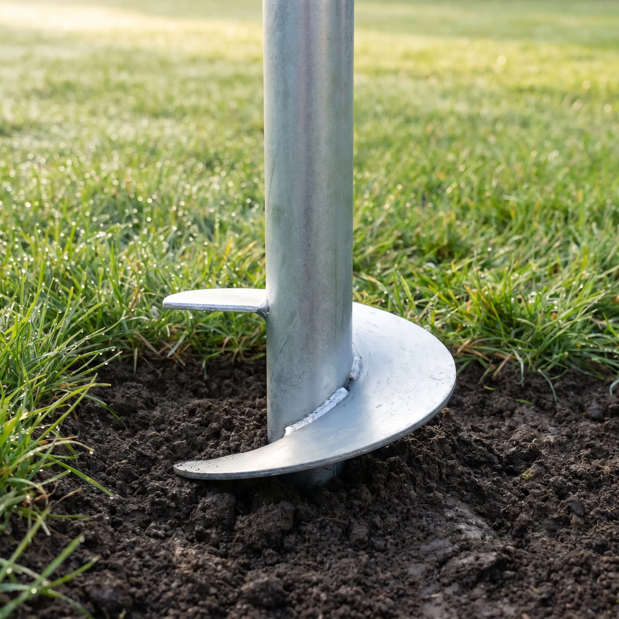 A galvanised helical screw pile set into turf — the whole foundation, in macro