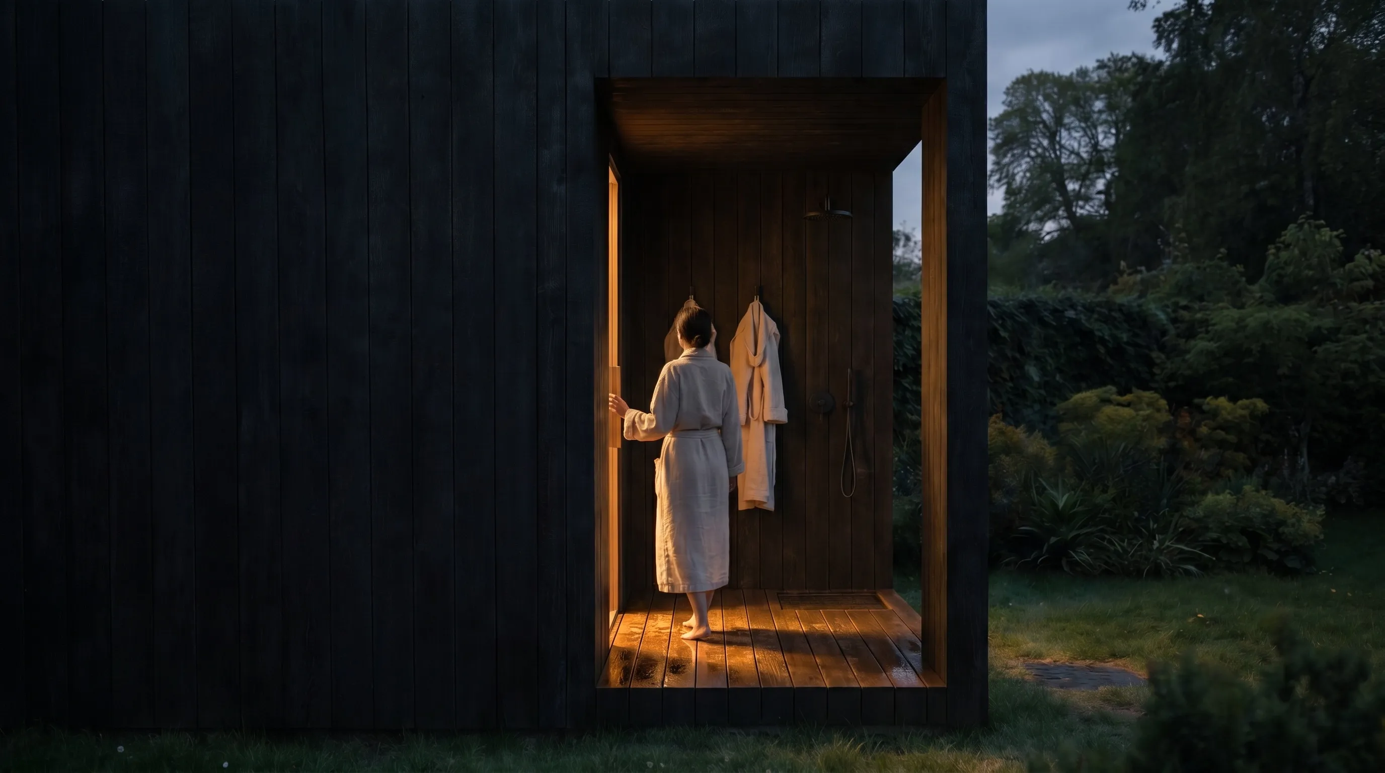 A robed figure at the vestibule threshold at dusk, warm light spilling from the doorway onto the wet slatted deck