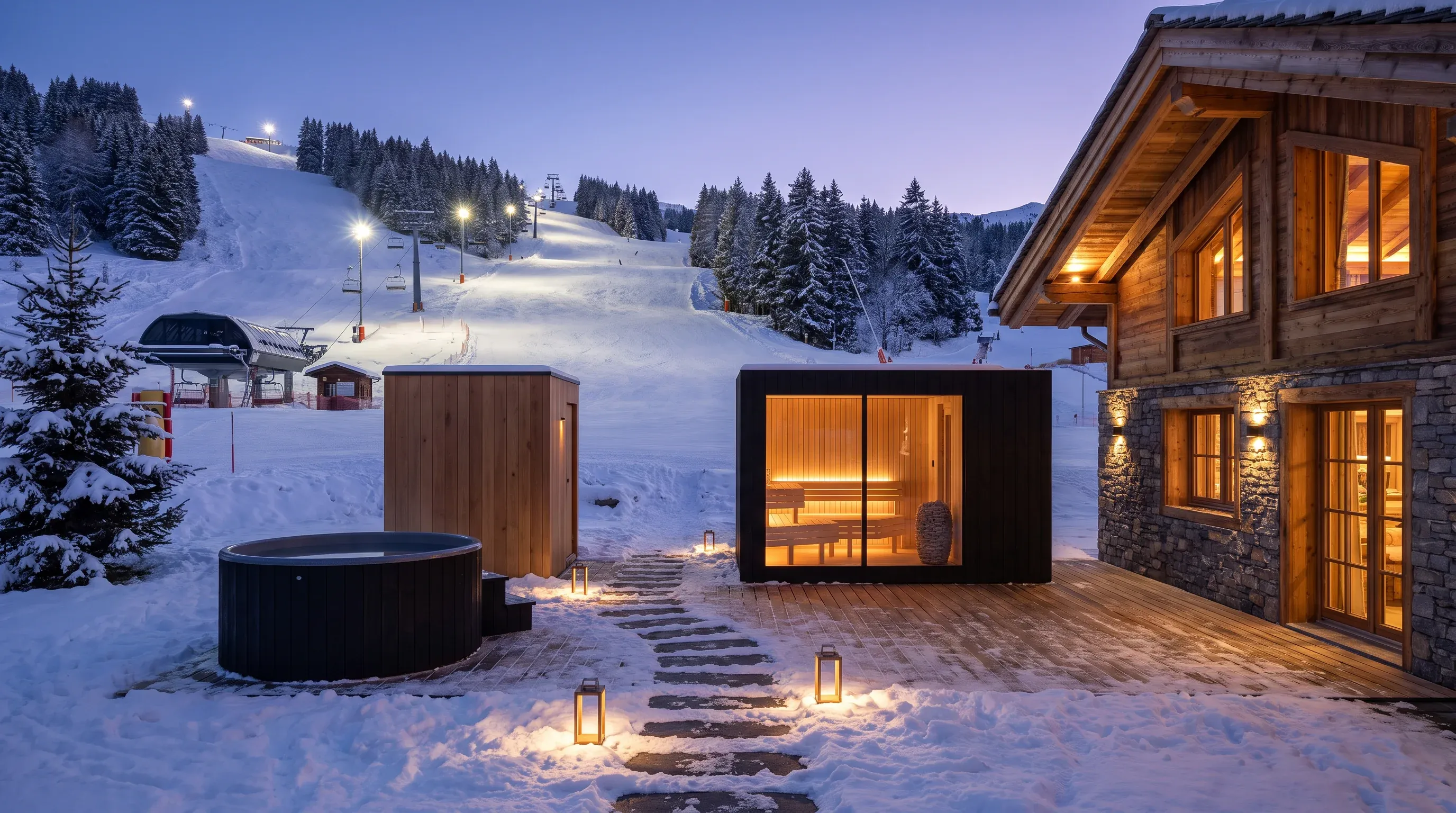 A mountain station heat circuit at dusk, snow banked around the buildings