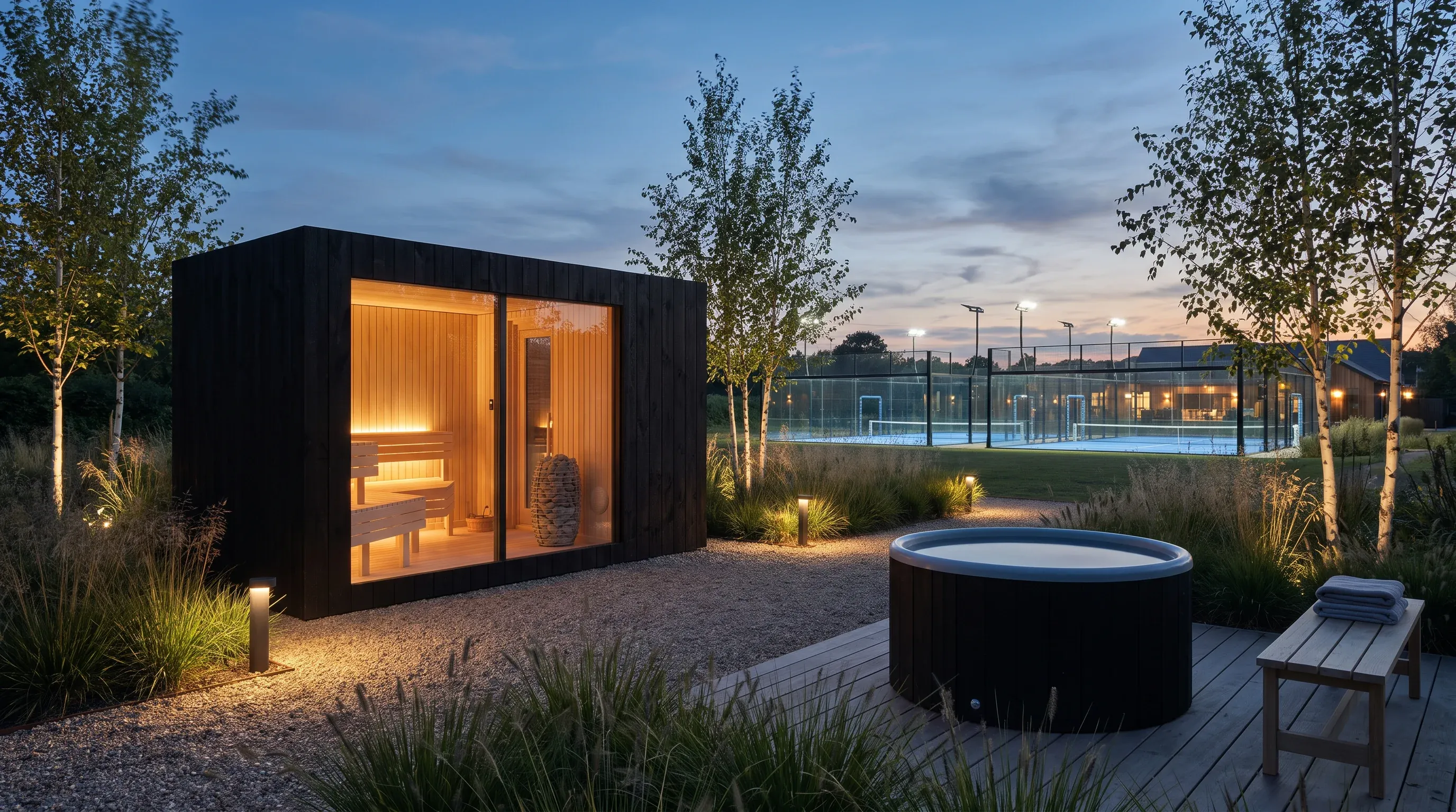 A sauna building courtside at a padel club, floodlights on at dusk