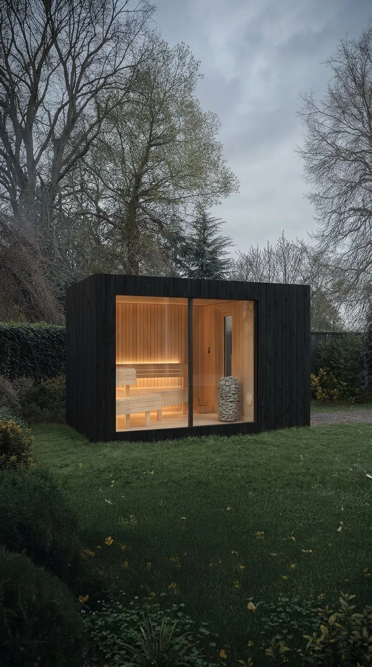 The NOOK Sauna at dusk — black thermo-treated timber, warm light through the corner glazing