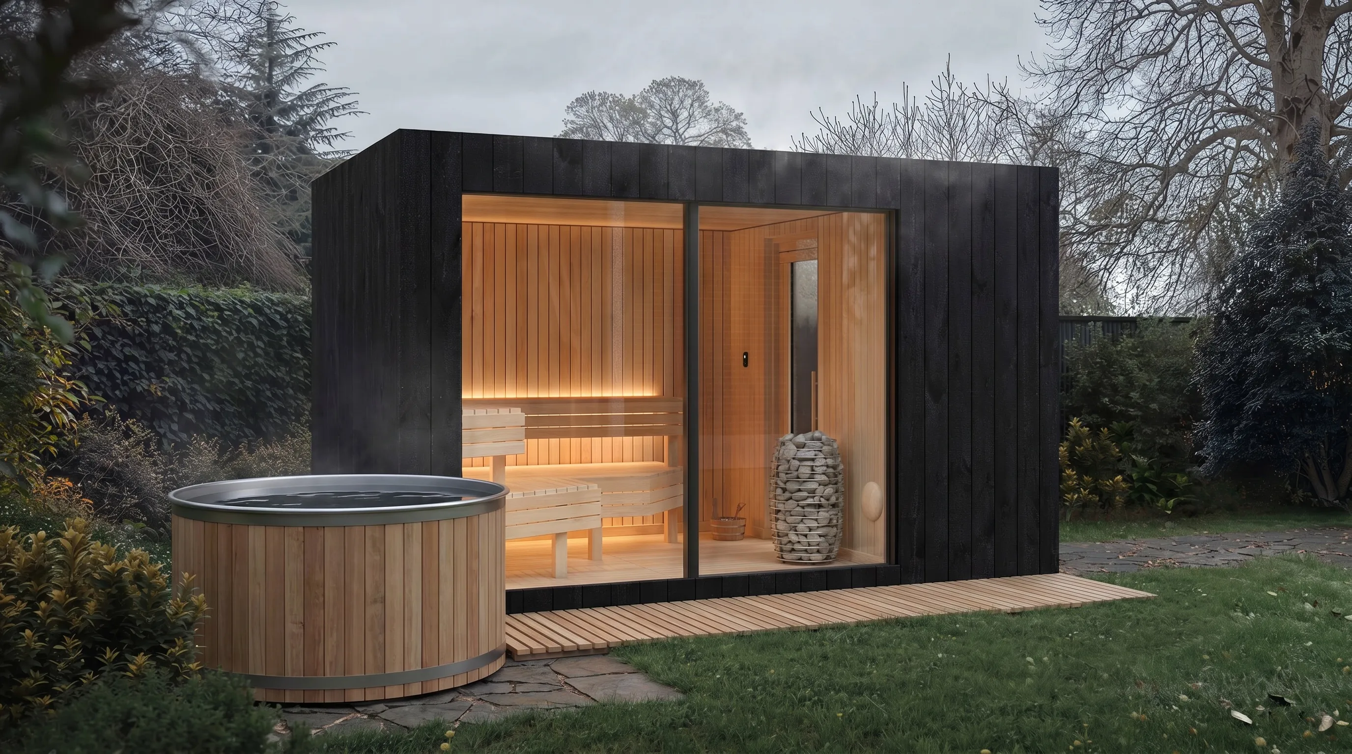 The cedar cold plunge beside the sauna at dusk — two stations of the circuit