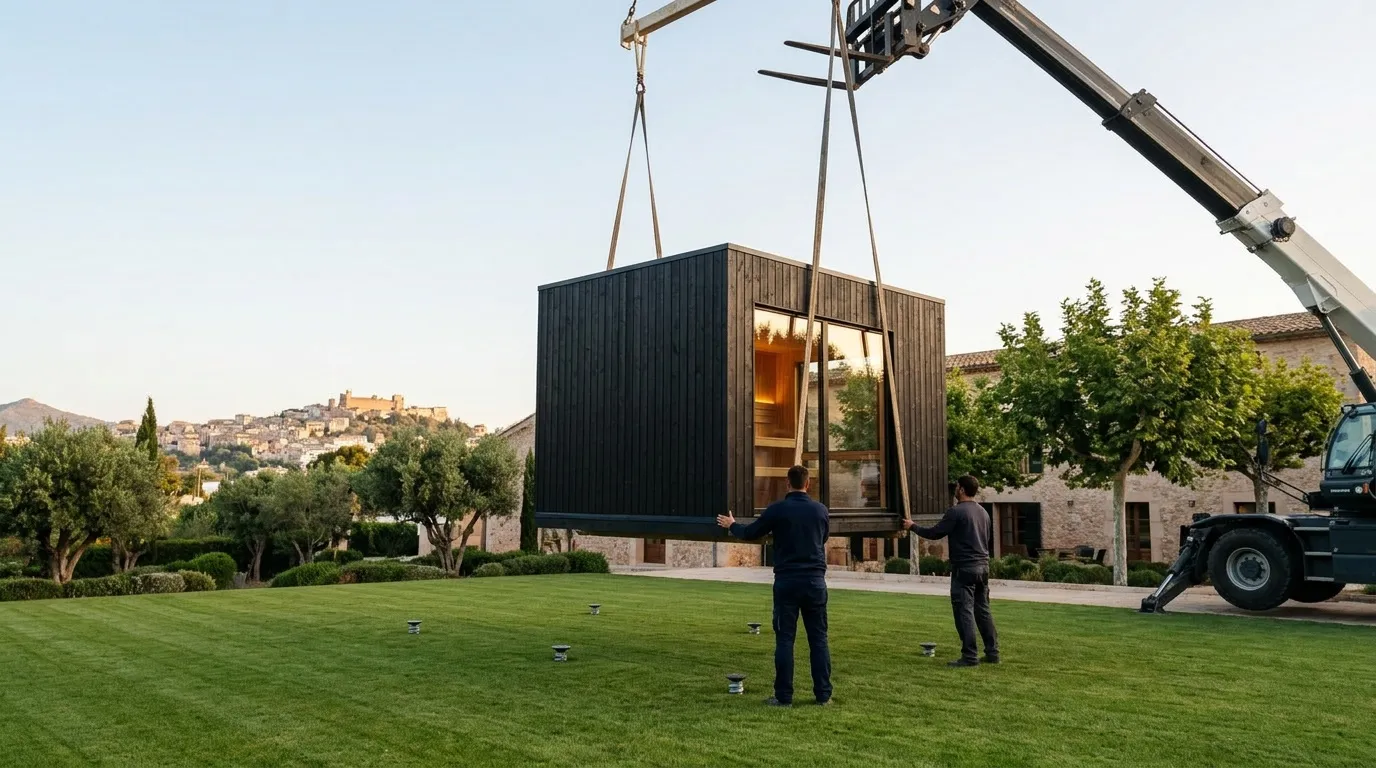 A finished NOOK building craned into place over the treeline on install day