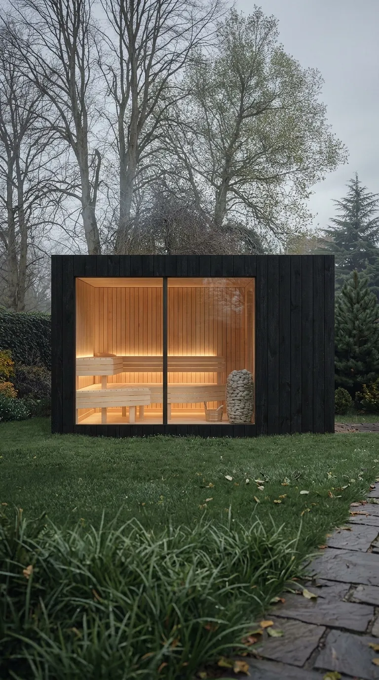Frontal view of the black-finish sauna in a misty garden, the full panoramic glass glowing