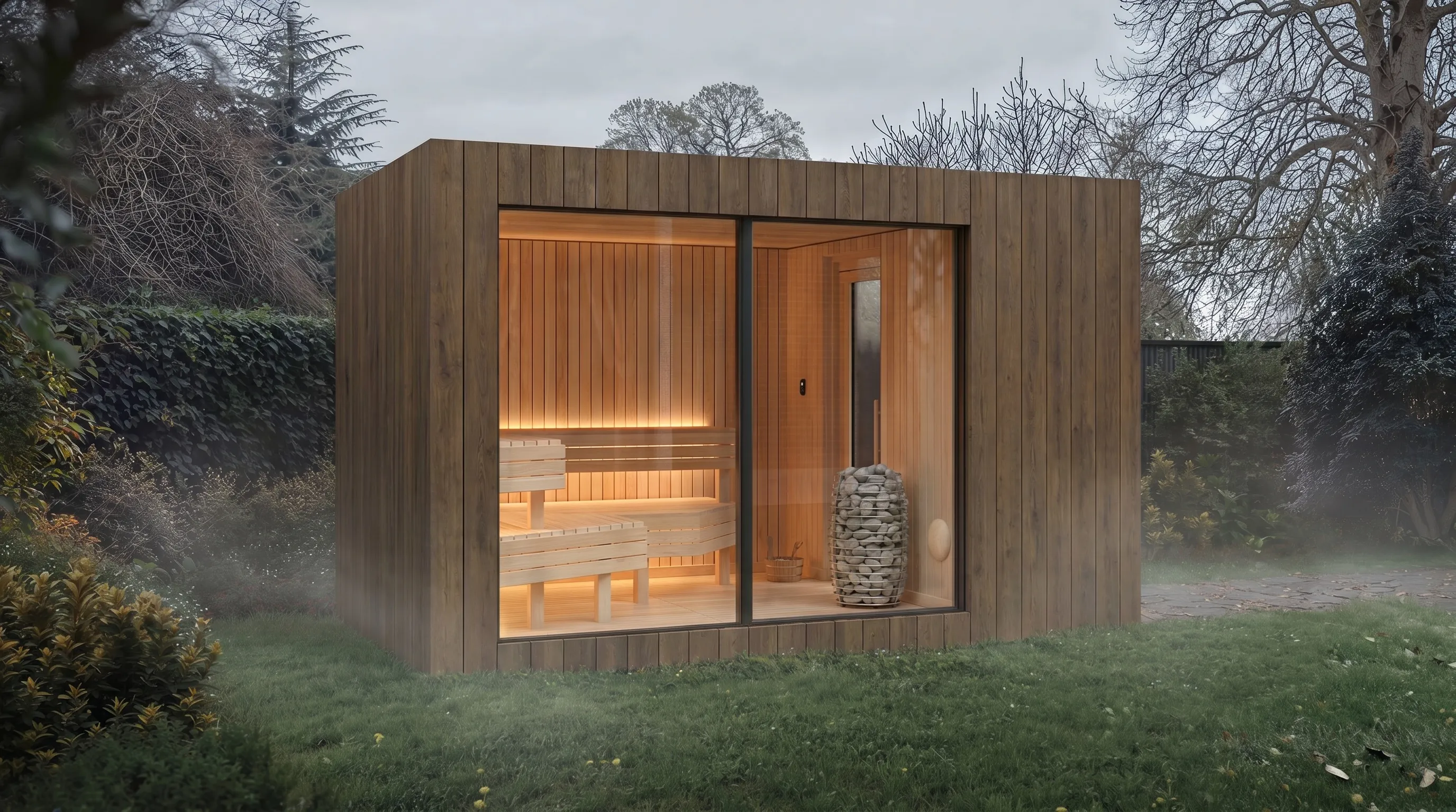 Oak-finish NOOK sauna lit from within at dusk in a landscaped garden