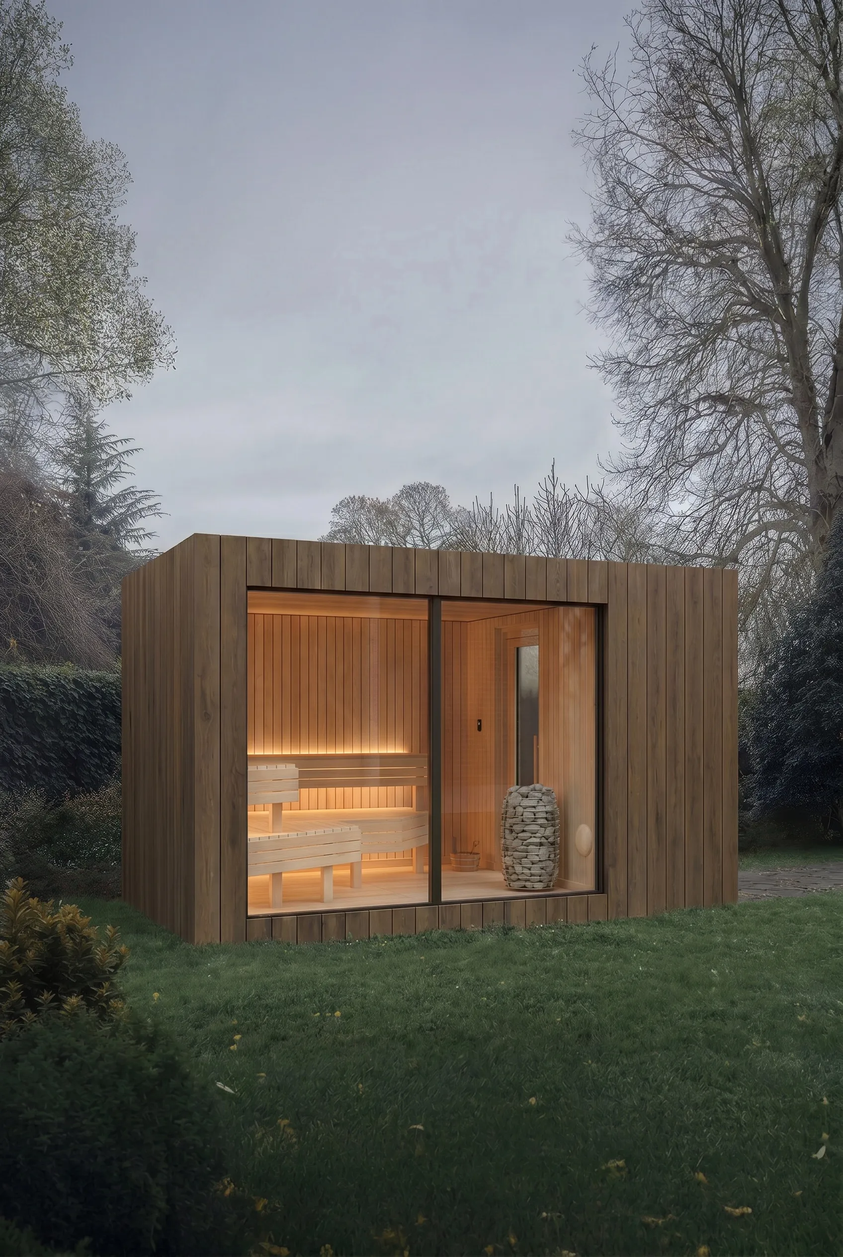 The cabin in the warm Oak finish at the foot of a private garden at blue hour