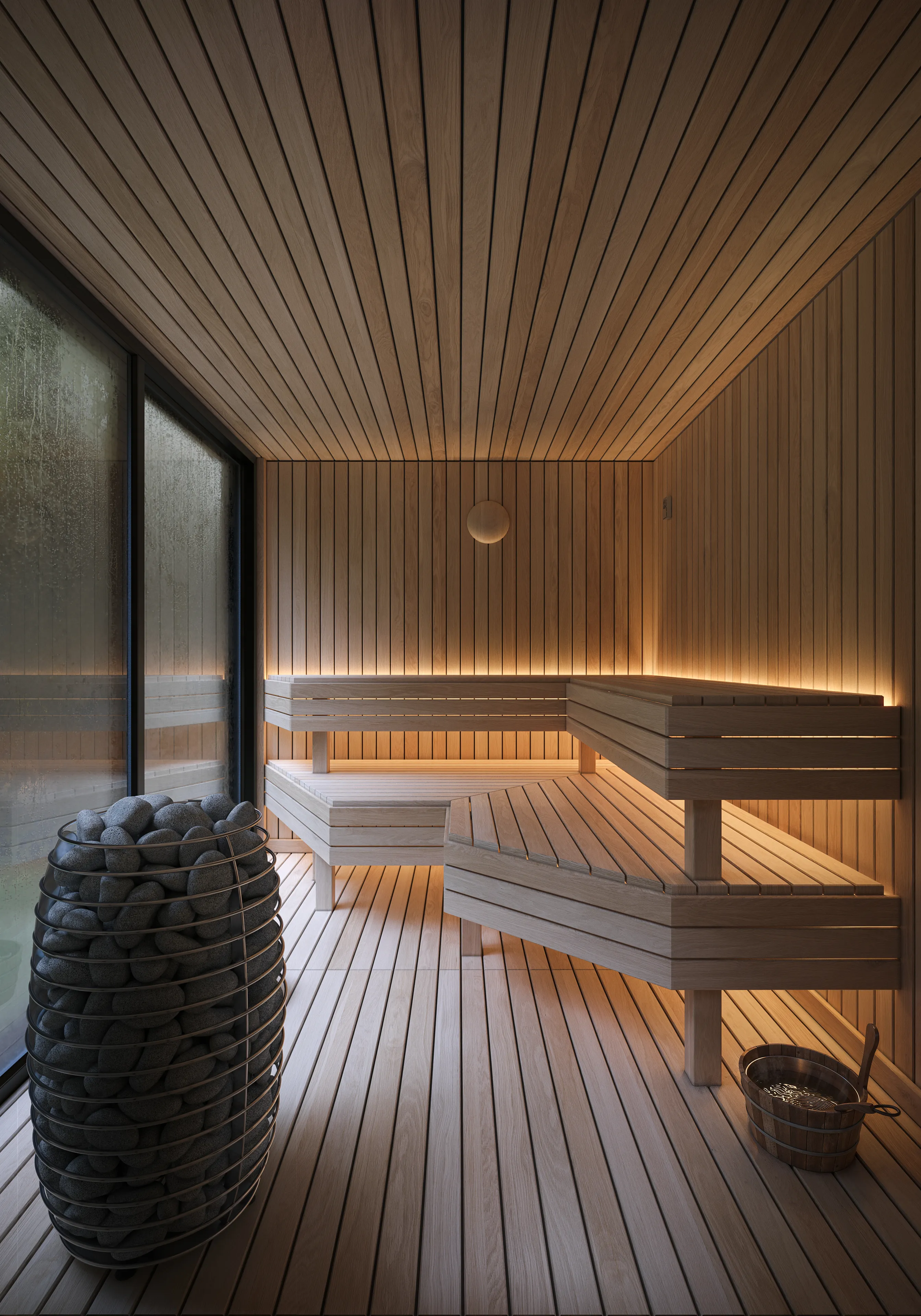 Interior cladding of the NOOK Outdoor Sauna — Canadian hemlock, panoramic glass, indirect warm-white LED