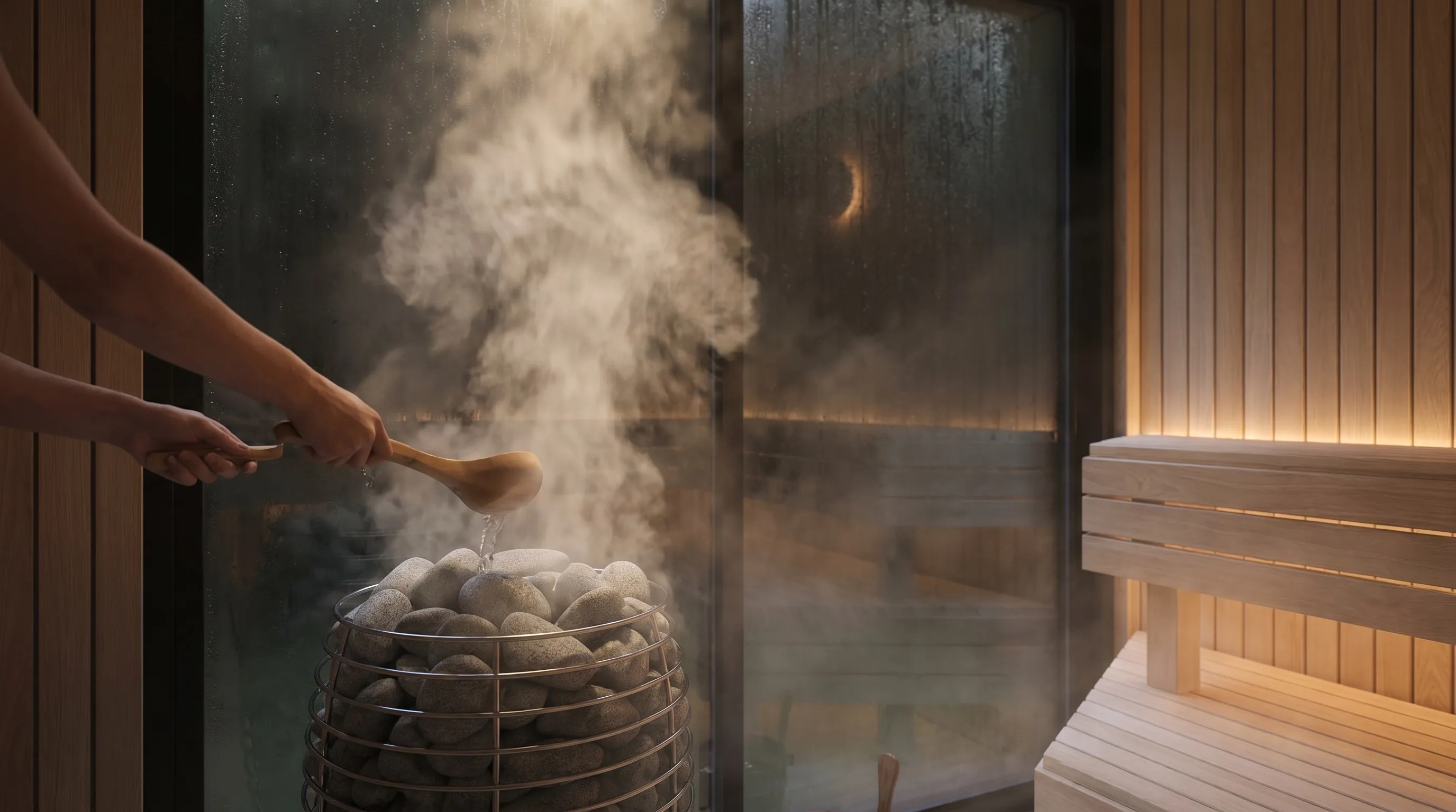 A wooden ladle pours water onto the heater's stones — a burst of steam rises through the warm light