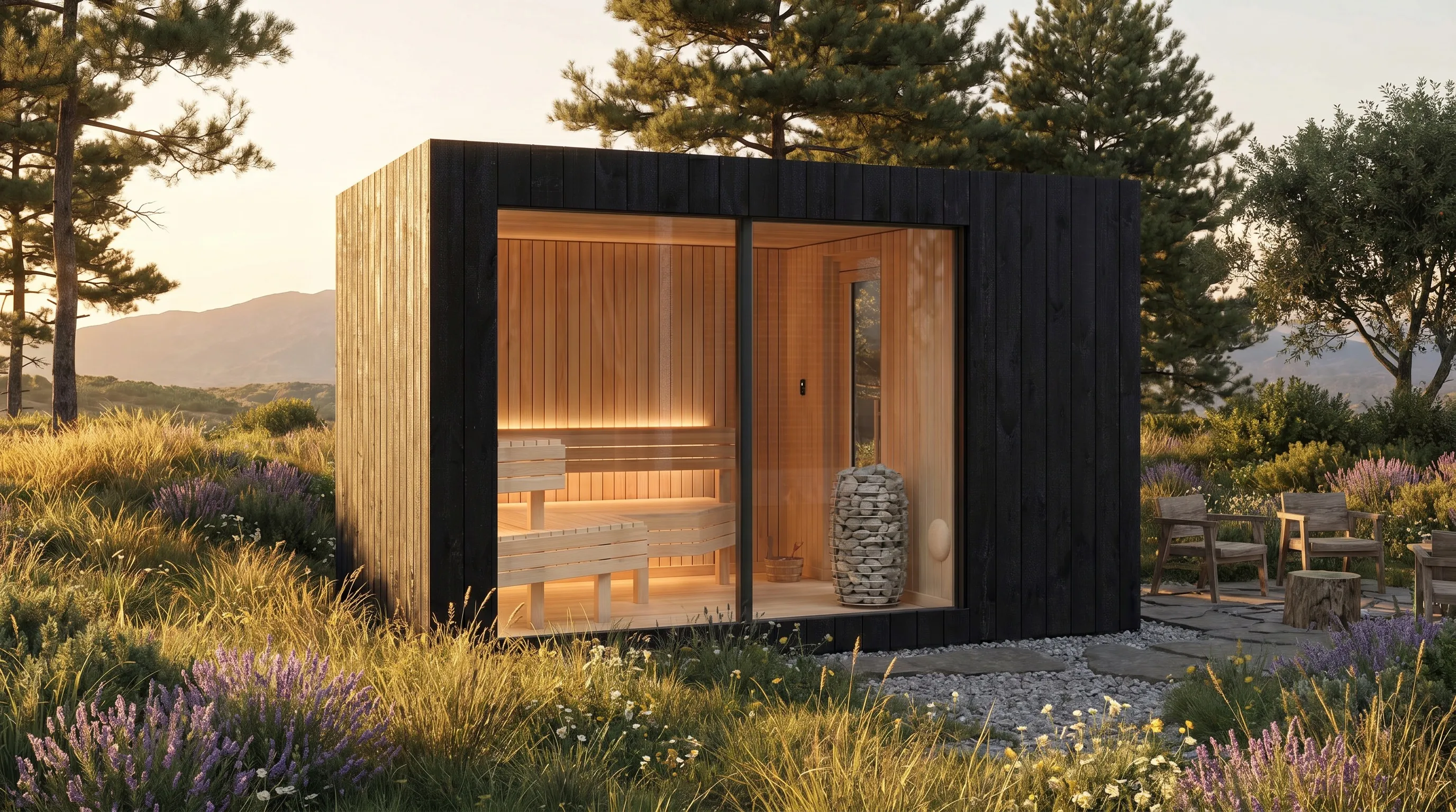 A black-finish outdoor cabin sauna glowing at dusk in a wild Mediterranean meadow