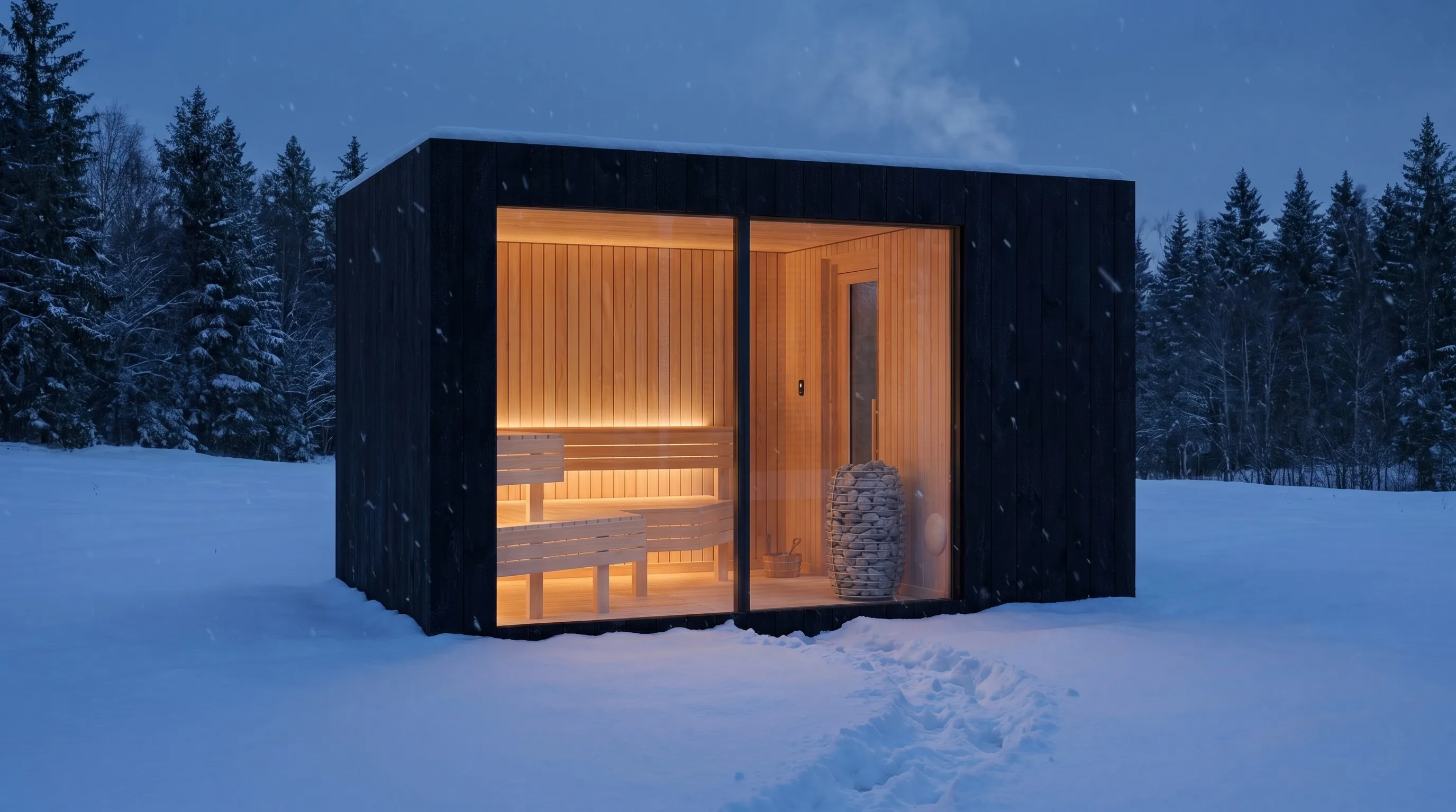 A NOOK Outdoor Sauna glowing warm in snow at dusk in a Nordic setting