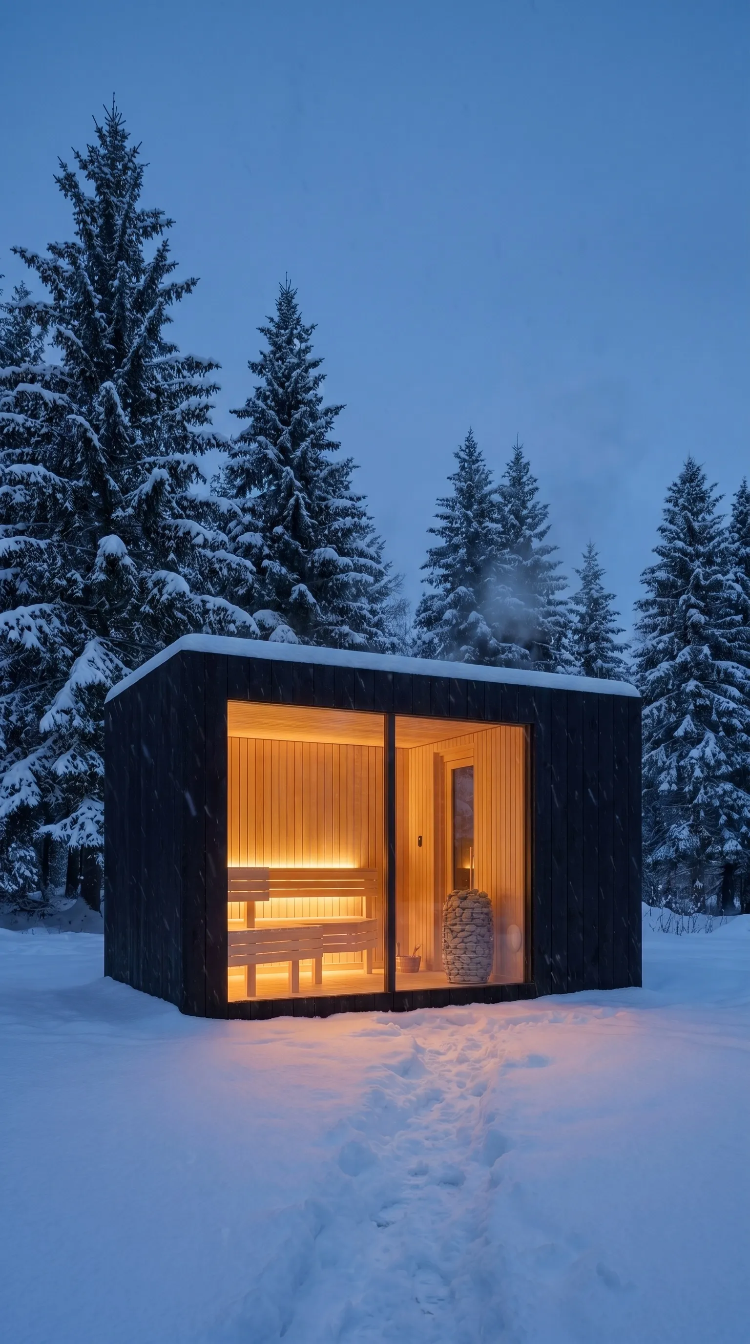 NOOK sauna glowing amid snow-laden pines at blue hour