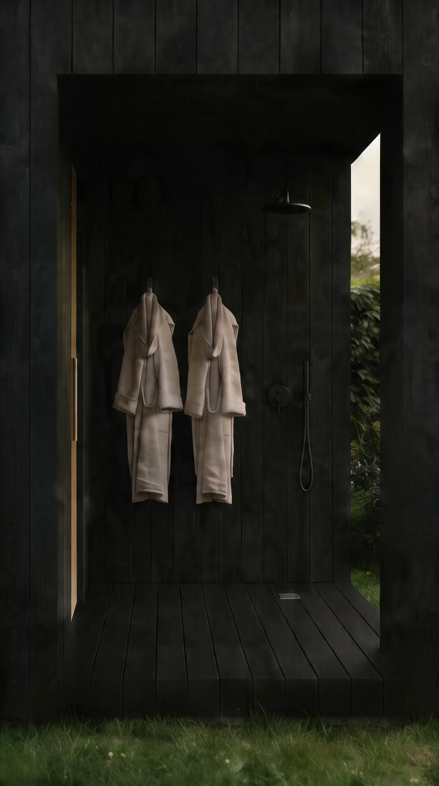 The recessed vestibule in black timber — two robes on hooks beside the embedded outdoor shower