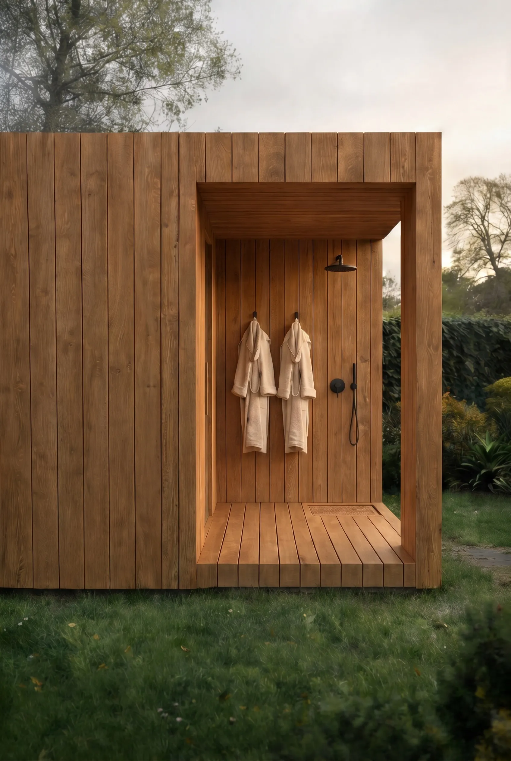 Robes on hooks in an oak timber vestibule — finish reference for the NOOK 20 with a bathroom