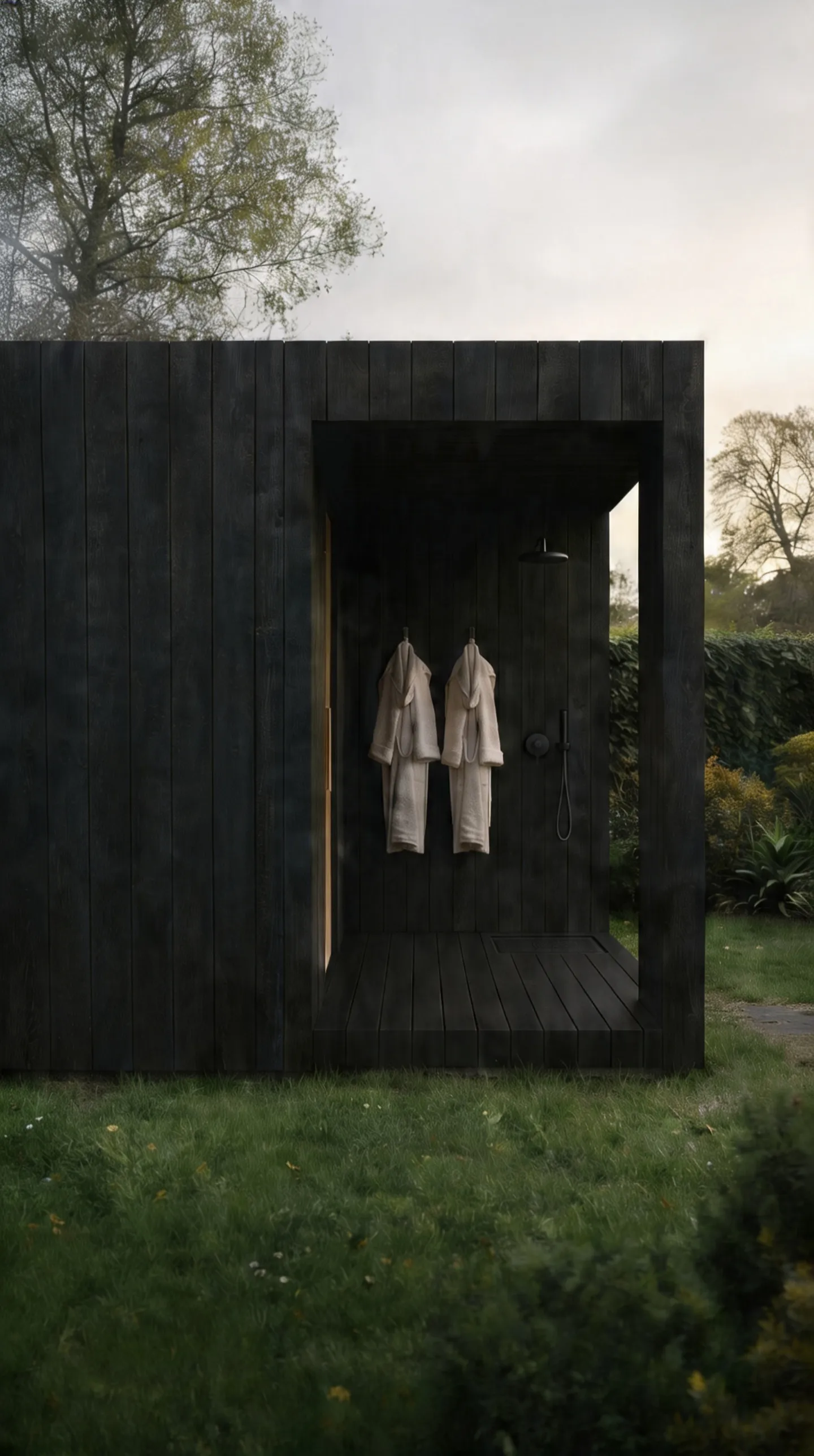 The cabin's outdoor vestibule and rain shower — where players rinse before the heat