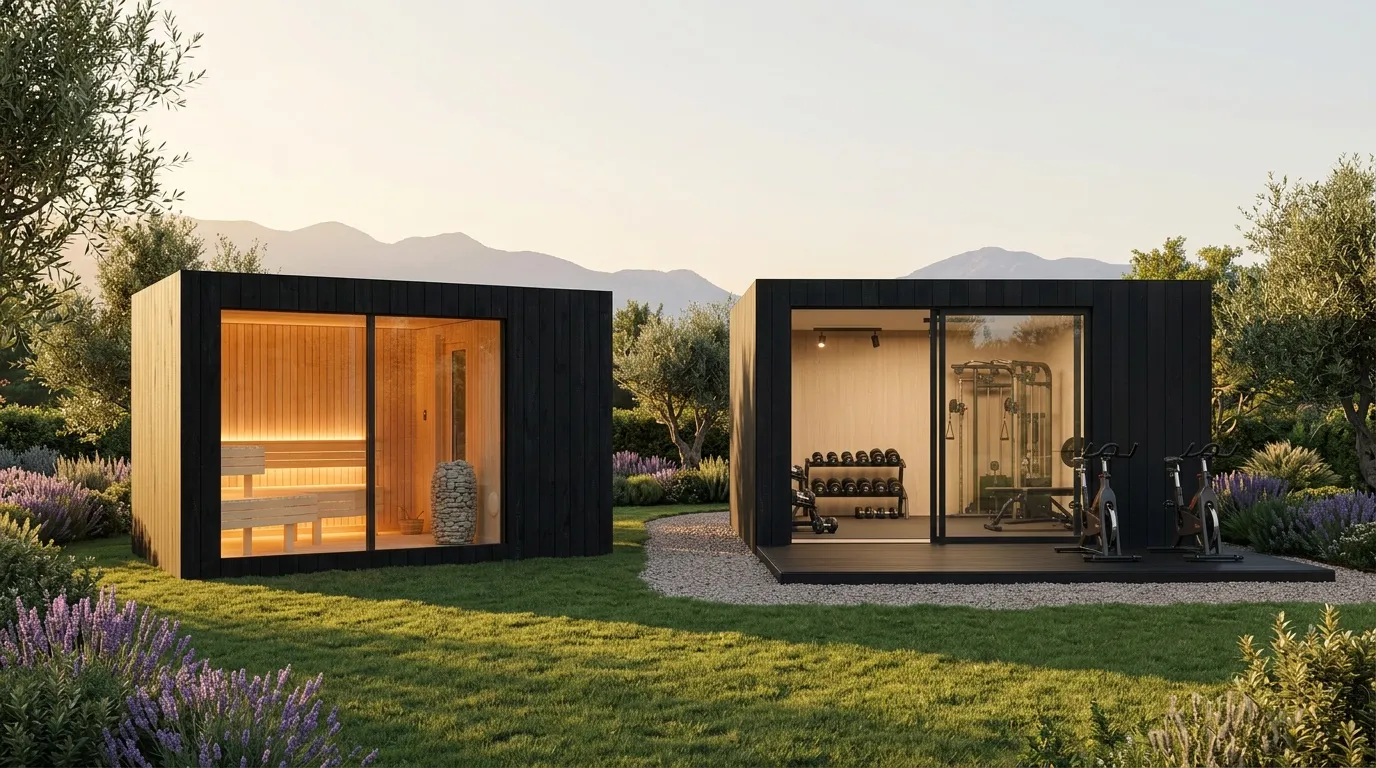 A NOOK sauna and a fitted studio module standing side by side among olive trees