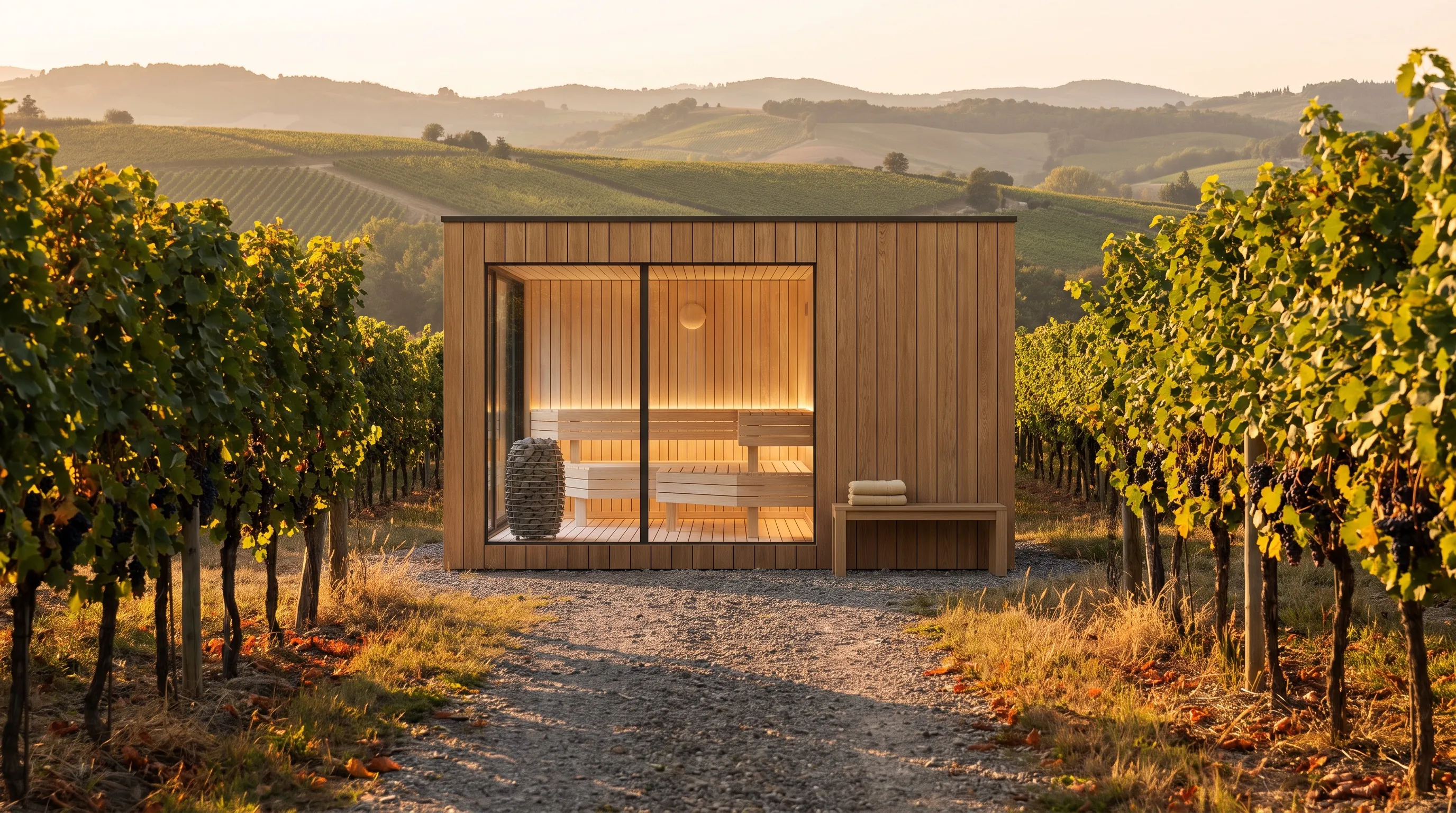 An oak NOOK Sauna between vineyard rows at golden hour, towels folded on the bench